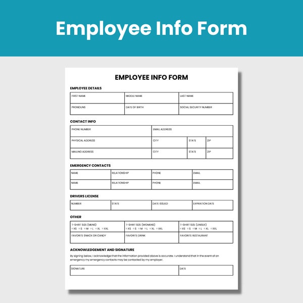 Employee Info Form | New Hire Info Form | Google Doc & Fillable PDF | Instant Access/Download | Employee Onboarding Form