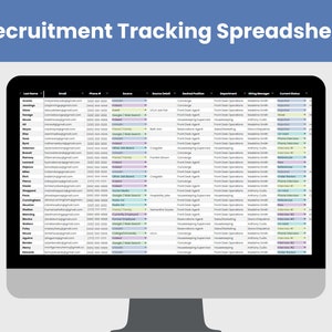 May include: A computer screen displaying a recruitment tracking spreadsheet with columns for candidate name, email, phone number, source, source detail, desired position, department, hiring manager, and current status. The spreadsheet is filled with data for various candidates.