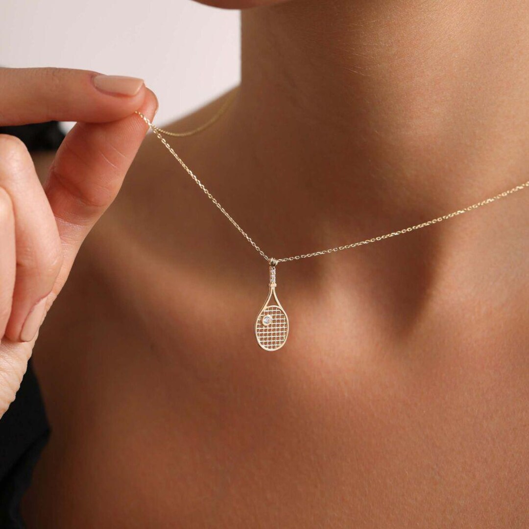14K Solid Gold Tennis Racket Necklace, CZ Pendant, 42cm Chain - Etsy