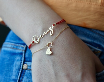 Custom Name Red String Bracelet • Sterling Silver, Adjustable