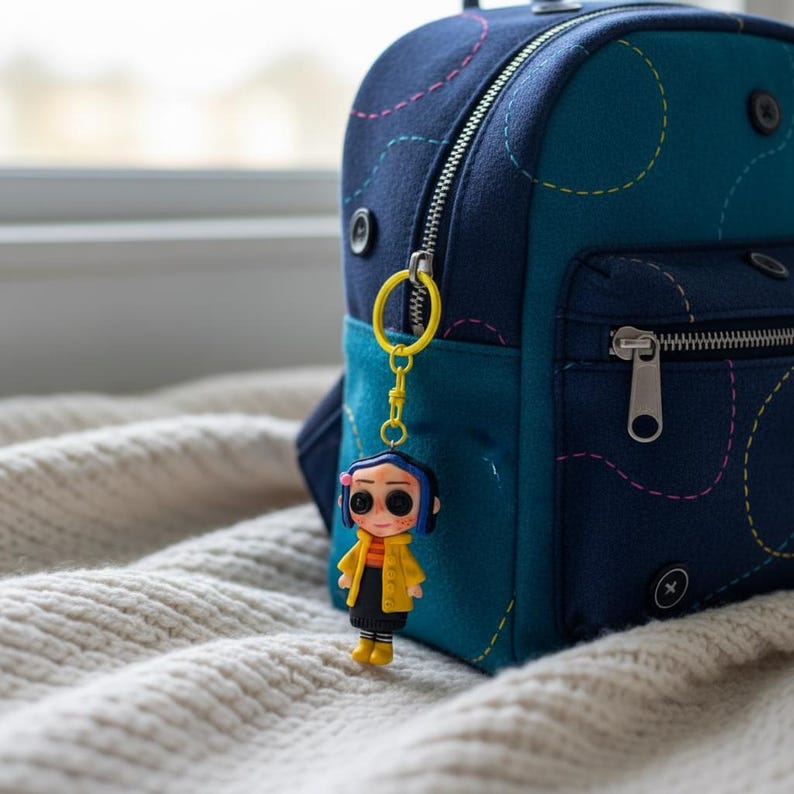 May include: A navy and teal backpack with yellow stitching and a Coraline keychain. The keychain shows a small figurine in a yellow jacket, black skirt, and yellow boots. The backpack is set against a cream-coloured, textured background.