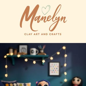 May include: A handcrafted Coraline figurine with button eyes, blue hair, and a yellow coat. The figure is on a black base. The image includes the text "Cute Coraline Figurine For Every Spooky Girl" and the "Manelyn" logo.