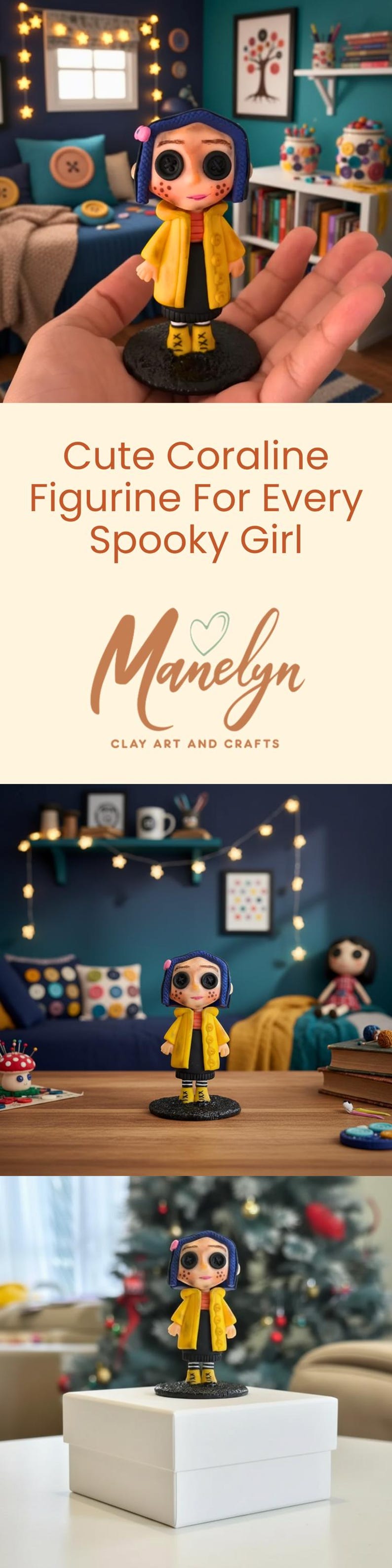 May include: A handcrafted Coraline figurine with button eyes, blue hair, and a yellow coat. The figure is on a black base. The image includes the text "Cute Coraline Figurine For Every Spooky Girl" and the "Manelyn" logo.
