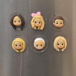 以下が含まれることがあります： 人物の漫画の顔が描かれた丸い磁石が6つ。磁石は白で、透明なプラスチックカバーが付いています。顔は、茶色の髪の女の子、金髪の女の子、金髪の女の子、白髪の男性、金髪の女の子、茶色の髪の男の子です。