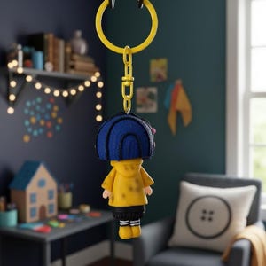 Cute spooky Coraline shelf decor for gothic aesthetic bedroom