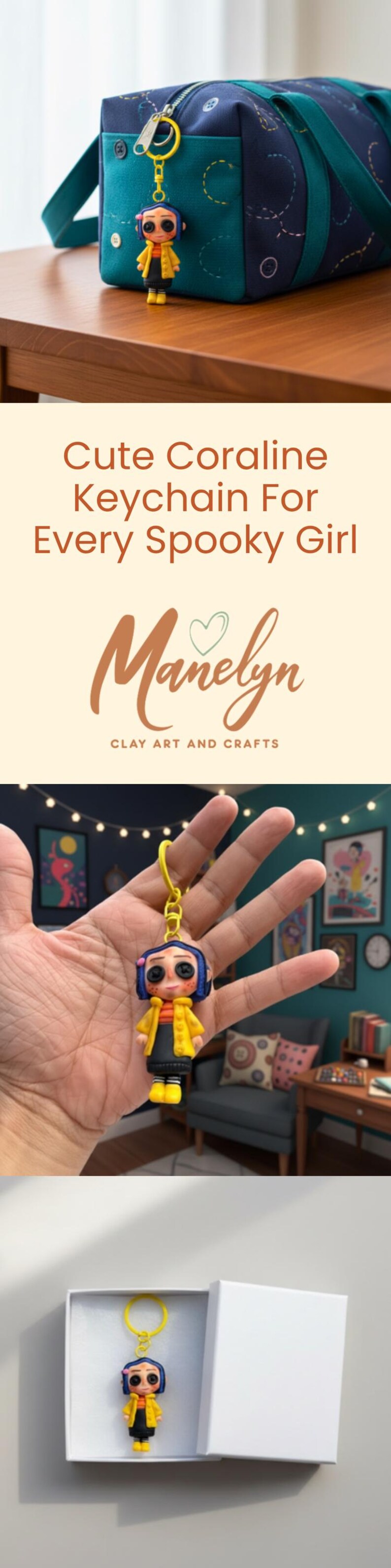 May include: A Coraline-themed keyring featuring a doll with button eyes, wearing a yellow coat and blue hair. The keyring is attached to a yellow ring. The image also shows a matching bag and the text "Cute Coraline Keychain For Every Spooky Girl".