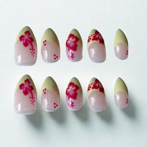 Hand-Painted Pink Floral Press-On Nails | Hibiscus Nail Art | Reusable Fake Nails | Almond Nails Set