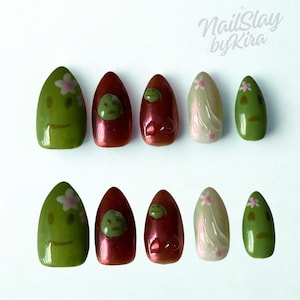 Słodka kreskówkowa sztuka paznokci | 3D Kawaii Press-On Nails | Ręcznie robiony wiosenny zestaw do paznokci | Błyszczące końcówki paznokci z postaciami