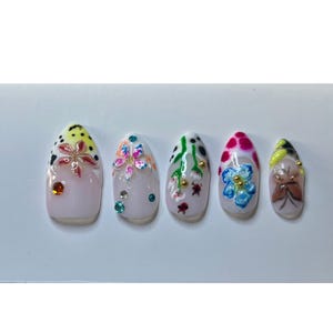 3D Floral Garden Press On Nails | Butterfly & Ladybug Nail Art | Colorful Spring Summer Nails | Almond Nail Set | Rhinestone Nail Design