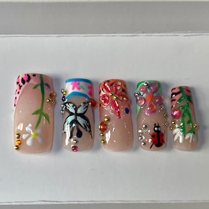 Butterfly Garden Press-On Nails – 3D Floral Nail Art with Ladybug & Rhinestones | Handmade Nature-Inspired Nail Set
