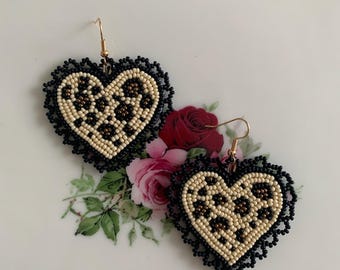 Cheetah Print Heart Flat Stitch Earrings