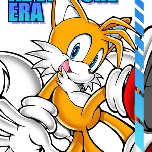 May include: Illustration of Tails from the Sonic the Hedgehog series. Tails is depicted with orange fur, white gloves, and blue eyes. The image includes the text "ADVENTURE ERA" in blue and white.