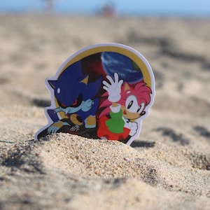 May include: A sticker featuring a blue and silver robot character with red eyes and a pink hedgehog character with green and red clothing. The sticker is on a sandy beach.