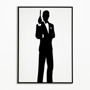 May include: Black and white silhouette of a person in a suit holding a gun. The person is standing in front of a white background.