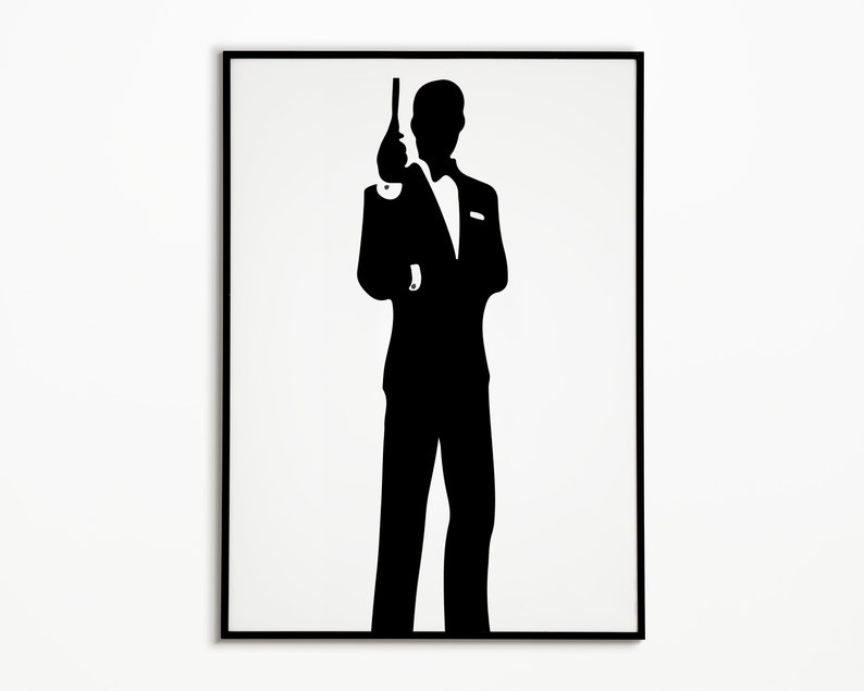 May include: Black and white silhouette of a person in a suit holding a gun. The person is standing in front of a white background.