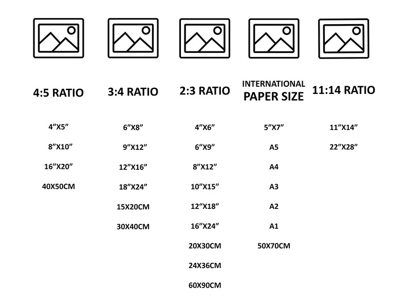 May include: A chart showing different aspect ratios for images, including 4:5, 3:4, 2:3, and 11:14. The chart also includes international paper sizes, such as A5, A4, A3, A2, and A1, with their corresponding dimensions in inches and centimeters.