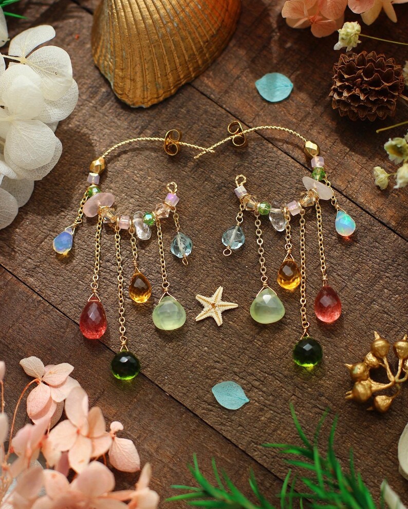 Handmade 14K Gold Filled Opal Multi Gemstone Floral Style Hoop Dangle Earrings Spring Breeze Theme Earrings Stunning Unique Gift