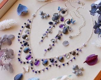 Labradorite / Cordierite / Amethyst / Tourmaline Moss Aquamarine Jewelry Set // Sterling Silver Handmade Unique Design Lovely Gift