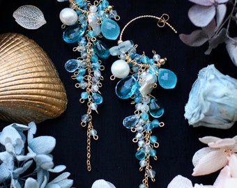 Sky Blue Topaz / Rose Red Quartz / Freshwater Pearl / Butterfly Handmade 14K Gold Filled Dangle Earrings // Gorgeous Unique Gift