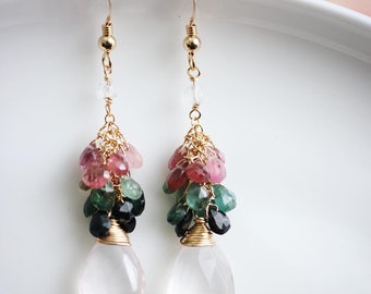 14K Gold Filled All Natural Rose Quartz With Tourmaline Gemstone Women Earrings // Handmade Dainty Jewelry // Valentine // Elegant Gorgeous