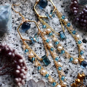 Kyanite / London Blue Quartz / Pearl Butterfly Dangle Earrings // 14K Gold Filled Handmade Vintage Design Dainty Jewelry // Lovely Gift