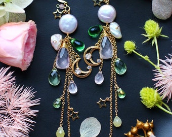 Button Baroque / Rose Quartz / Sapphire / Grape Green Quartz / Moon Start Charm Dangle Earrings // 14K Gold Filled Handmade Jewelry Gift