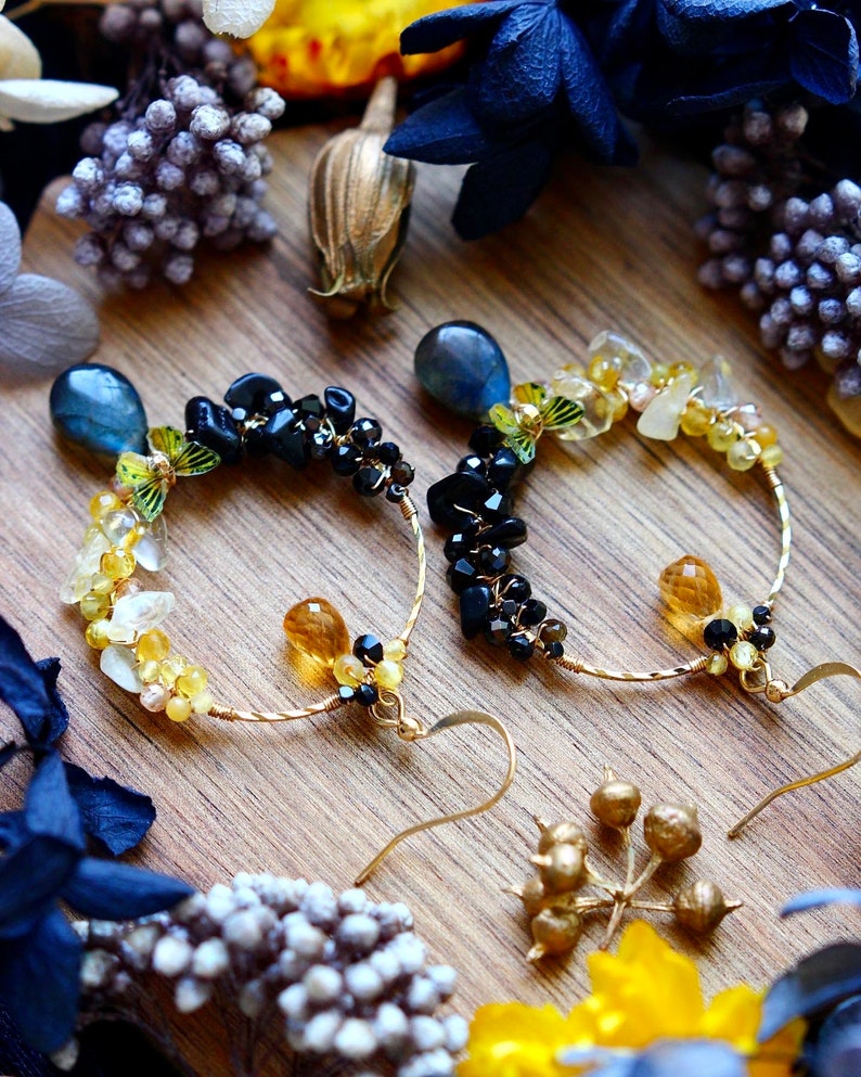 Handmade Chinese Dragon Style Labradorite / Citrine Cluster Hoop Earrings // 14K Gold Filled Fine Dainty Jewelry // Gorgeous Unique Gift image 5