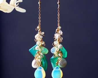 Opal / Chrysoprase / Citrine Handmade 14K Gold Filled Dangle Earrings // Elegant Green Cluster Dainty Jewelry // Unique Gift For Her