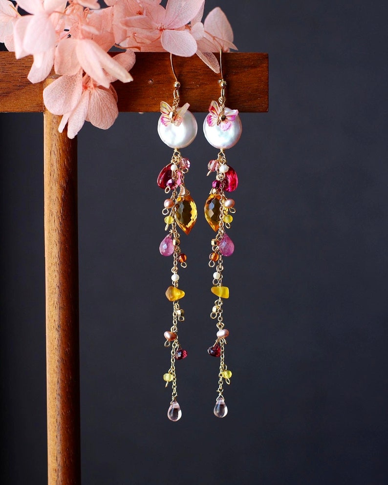Button Baroque Pearl / Citrine / Rose Red Quartz / Sapphire Butterfly Dangle Earrings // 14K Gold Filled Dainty Unique Jewelry // Lovely Gif image 2
