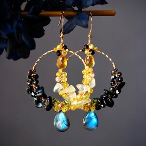 Handmade Chinese Dragon Style Labradorite / Citrine Cluster Hoop Earrings // 14K Gold Filled Fine Dainty Jewelry // Gorgeous Unique Gift image 2
