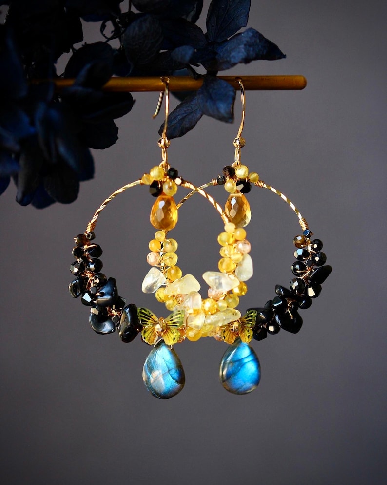 Handmade Chinese Dragon Style Labradorite / Citrine Cluster Hoop Earrings // 14K Gold Filled Fine Dainty Jewelry // Gorgeous Unique Gift image 2