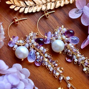 Lavender Opal / Edison Pearl / Amethyst / Butterfly Cluster Dangle Earrings // 14K Gild Filled Artisan Jewelry Unique Design Romantic Gift image 10