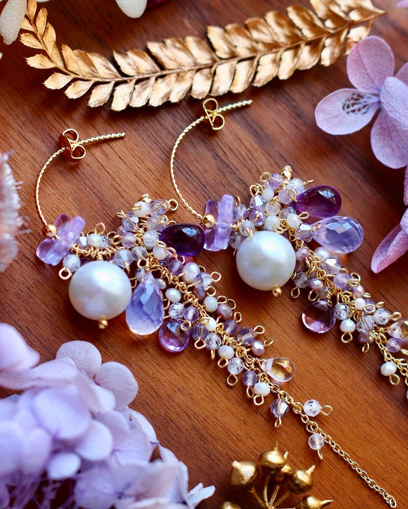 Lavender Opal / Edison Pearl / Amethyst / Butterfly Cluster Dangle Earrings // 14K Gild Filled Artisan Jewelry Unique Design Romantic Gift image 10