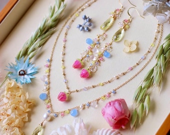 Lemon  / Rose Quartz / Blue Chalcedony Cluster Gemstone Jewelry Set // 14K Gold Filled Handmade Dainty Artisan Designer Jewelry Lovely Gift