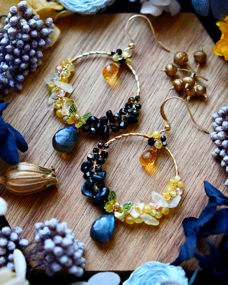 Handmade Chinese Dragon Style Labradorite / Citrine Cluster Hoop Earrings // 14K Gold Filled Fine Dainty Jewelry // Gorgeous Unique Gift image 3