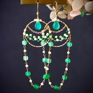 Green Chalcedony / Emerald Chandelier Earrings // Handmade 14L Gold Filled Dainty Elegant Boutique Gemstone Jewelry // Unique Gift For Her