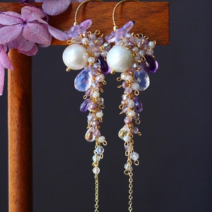 Lavender Opal / Edison Pearl / Amethyst / Butterfly Cluster Dangle Earrings // 14K Gild Filled Artisan Jewelry Unique Design Romantic Gift image 2