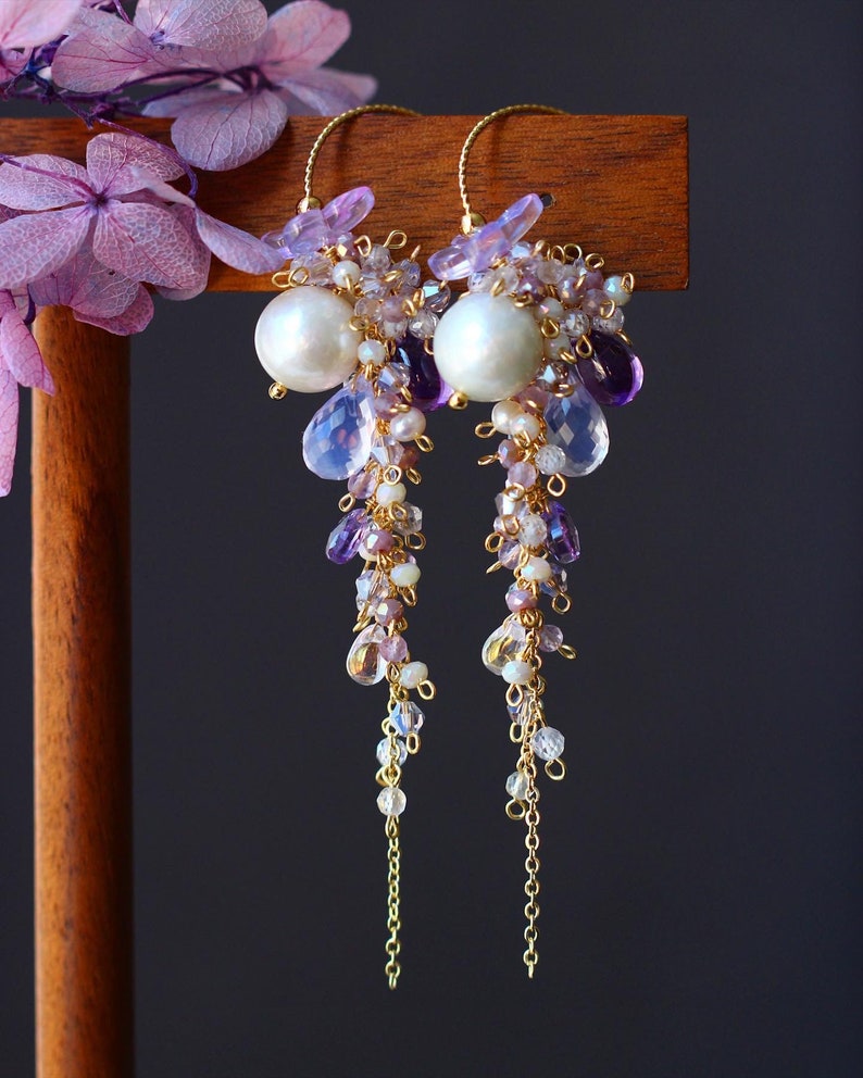 Lavender Opal / Edison Pearl / Amethyst / Butterfly Cluster Dangle Earrings // 14K Gild Filled Artisan Jewelry Unique Design Romantic Gift image 2