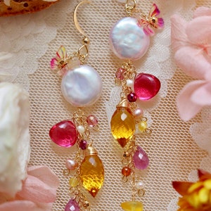 Button Baroque Pearl / Citrine / Rose Red Quartz / Sapphire Butterfly Dangle Earrings // 14K Gold Filled Dainty Unique Jewelry // Lovely Gif image 6