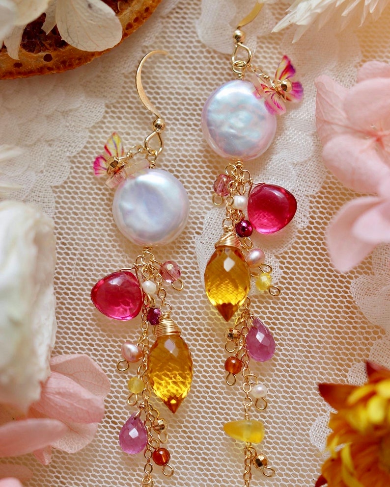 Button Baroque Pearl / Citrine / Rose Red Quartz / Sapphire Butterfly Dangle Earrings // 14K Gold Filled Dainty Unique Jewelry // Lovely Gif image 6