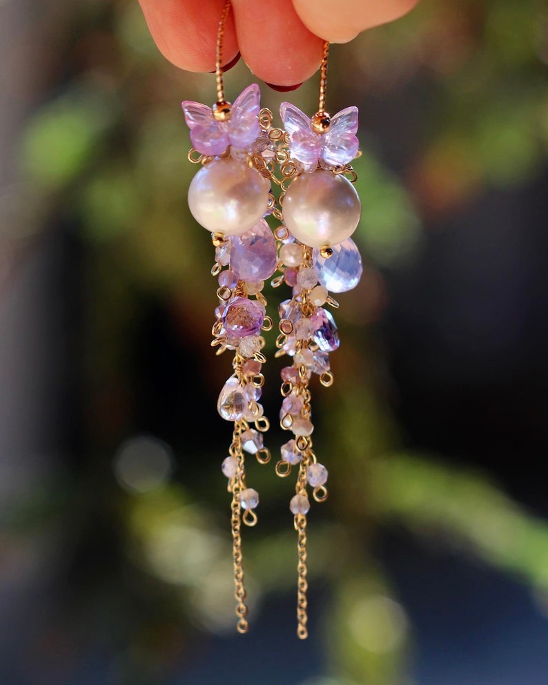 Lavender Opal / Edison Pearl / Amethyst / Butterfly Cluster Dangle Earrings // 14K Gild Filled Artisan Jewelry Unique Design Romantic Gift image 6