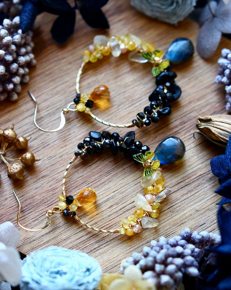 Handmade Chinese Dragon Style Labradorite / Citrine Cluster Hoop Earrings // 14K Gold Filled Fine Dainty Jewelry // Gorgeous Unique Gift image 7