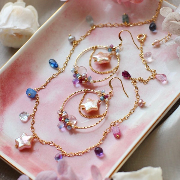 Star Shaped Baroque Pearl Themed 14K Gold Filled Assorted Gemstone Jewelry Set // Purple & Blue // Dreamy Lovely Holiday Gift For Her