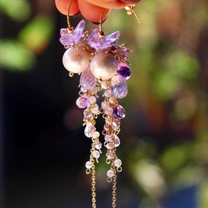 Lavender Opal / Edison Pearl / Amethyst / Butterfly Cluster Dangle Earrings // 14K Gild Filled Artisan Jewelry Unique Design Romantic Gift image 4