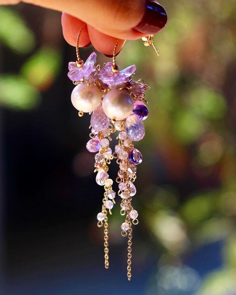 Lavender Opal / Edison Pearl / Amethyst / Butterfly Cluster Dangle Earrings // 14K Gild Filled Artisan Jewelry Unique Design Romantic Gift image 4