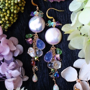 Button Baroque Pearl / Lavender Opal / Opal / Green Garnet Gemstone Cluster Dangle Earrings // 14K Gold Filled Dainty Unique Artisan Jewelry