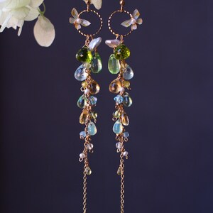 14K Gold Filled Handcrafted Olive / Blue Topaz / Citrine / Pearl Dangle Earrings // Unique Design Artisan Jewelry // Lovely Gift For Her image 2