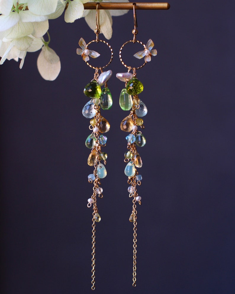 14K Gold Filled Handcrafted Olive / Blue Topaz / Citrine / Pearl Dangle Earrings // Unique Design Artisan Jewelry // Lovely Gift For Her image 2