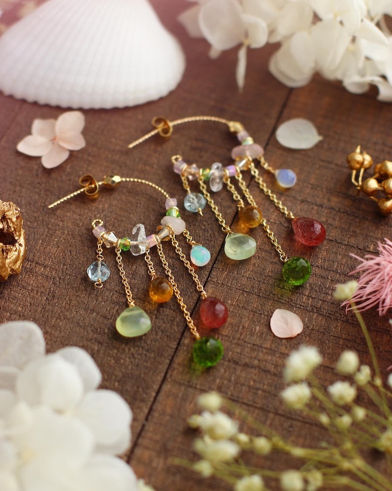 Handmade 14K Gold Filled Opal Multi Gemstone Floral Style Hoop Dangle Earrings Spring Breeze Theme Earrings Stunning Unique Gift
