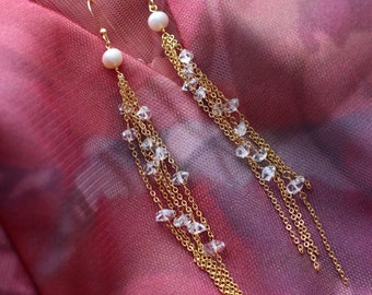 Handmade Tassel Herkimer Diamond Pearl Extra Long Dangle Earrings // 14K Gold Filled // Elegant Unique Design Jewelry // Bridal Boutique